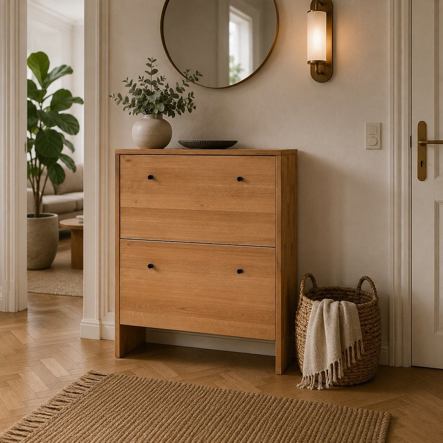 Sif Snedker Flurmöbel/Schuhschrank mit 2 Schubladen aus massivem FSC-Buchenholz mit Naturöl – B27 x H95 x L82 cm
