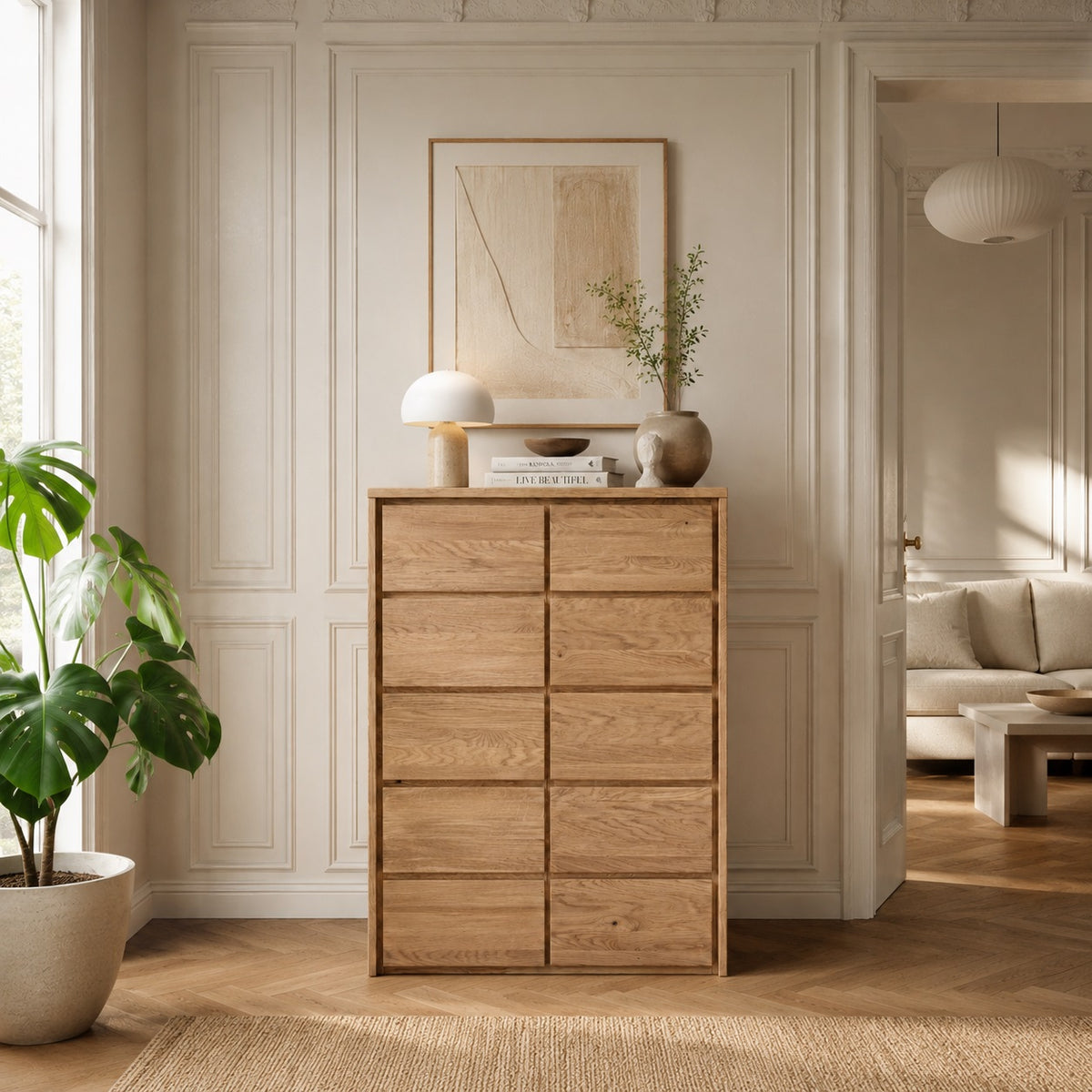 Heimdal Tischler-Kommode/Sideboard aus massivem FSC-Eichenholz mit 1 Tür und 5 Schubladen, mit Naturöl – B88 x H113 x T42 cm – wird fertig montiert geliefert