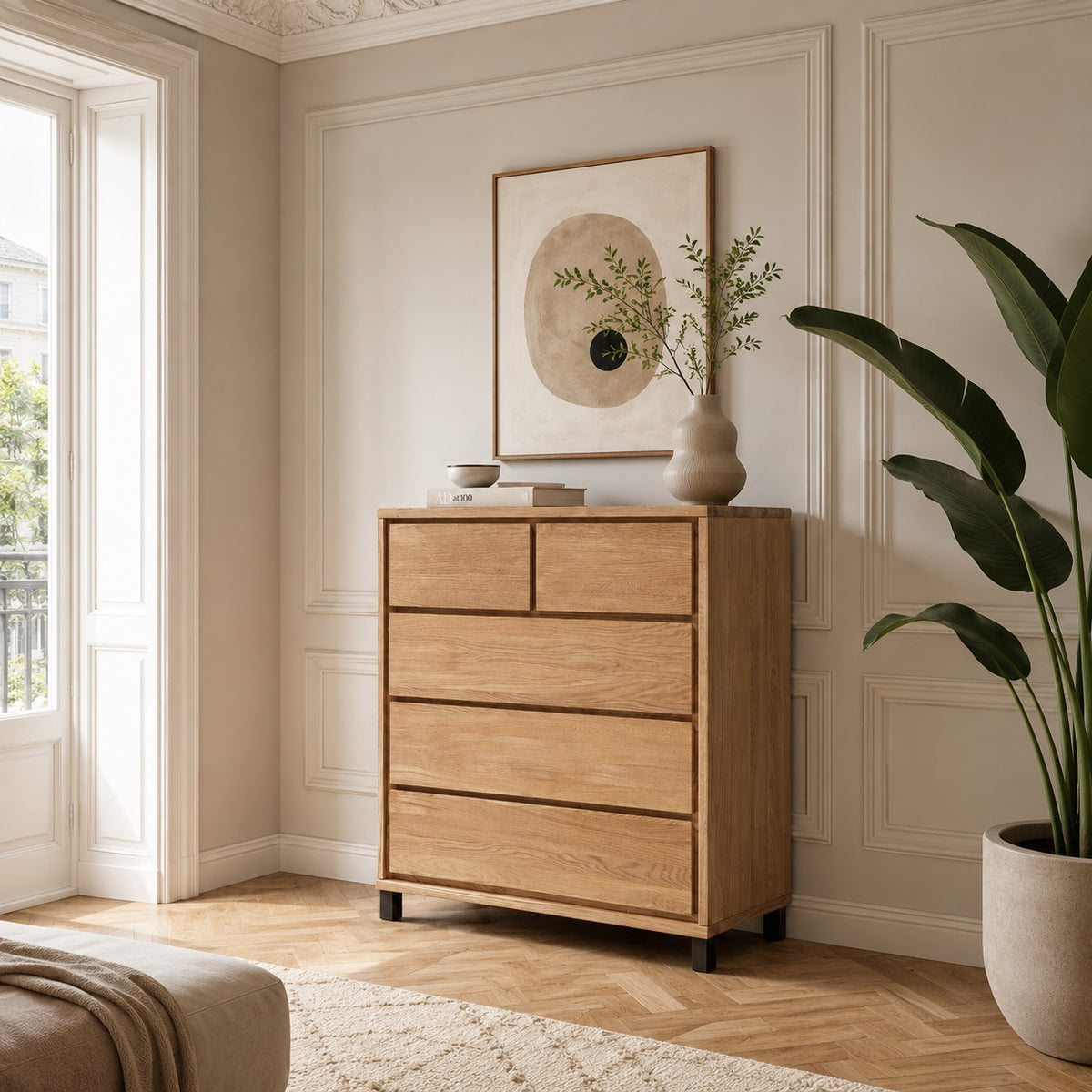 Heimdal Tischler-Kommode/Sideboard aus massivem FSC-Eichenholz mit 2 kleinen und 3 großen Schubladen, mit Naturöl, auf Metallbeinen – B88 x H100 x T42 – wird fertig montiert geliefert