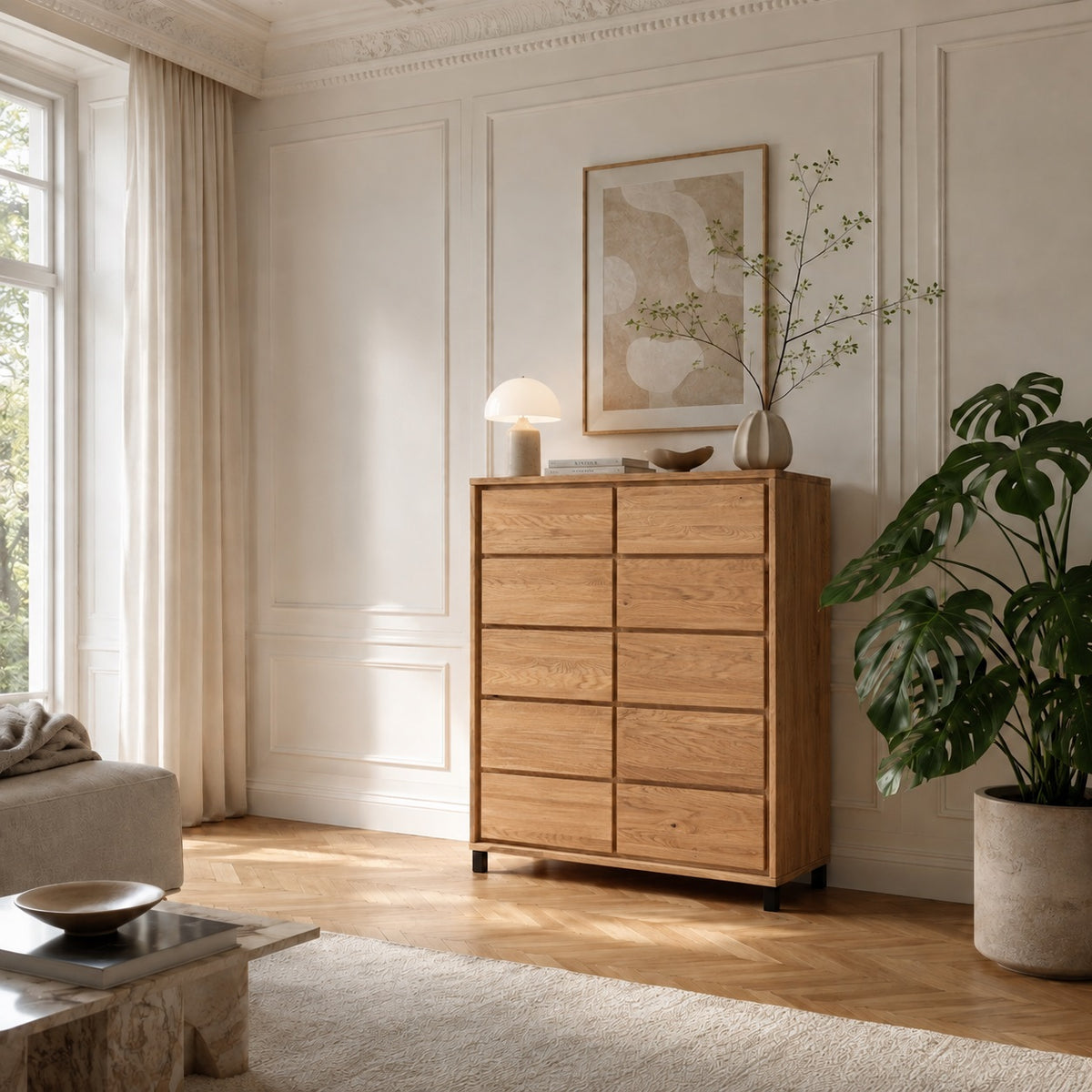 Heimdal Tischler-Kommode/Sideboard auf Metallfüßen aus massivem FSC-Eichenholz mit 5 Schubladen und 1 Tür, mit Naturöl – B88 x H122 x T42 cm – wird fertig montiert geliefert