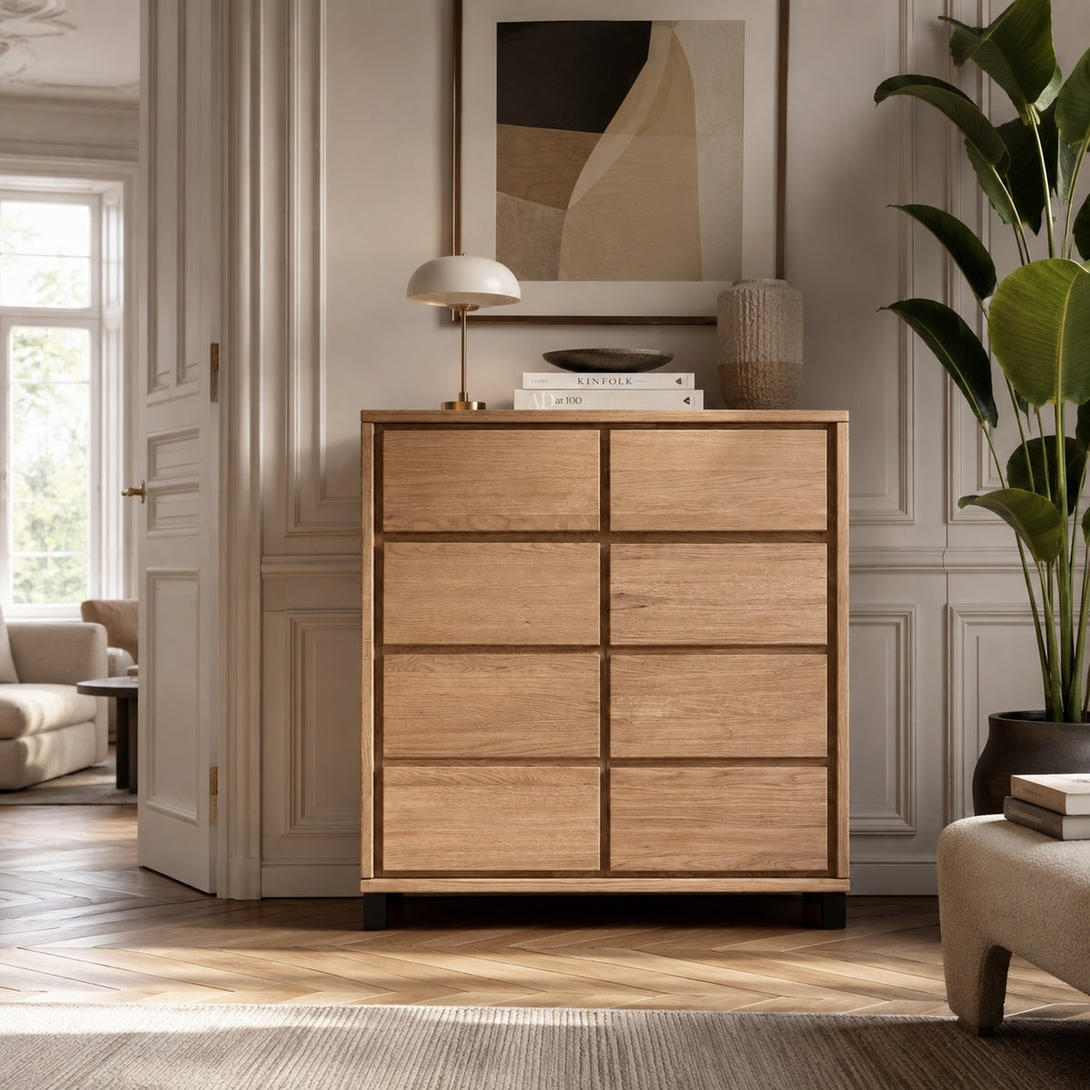 Heimdal Tischler-Kommode/Sideboard aus massivem Eichenholz mit 2 Türen und 2 Schubladen, mit Naturöl, auf schwarzen Metallbeinen – H100 x B88 x T42 cm – wird fertig montiert geliefert