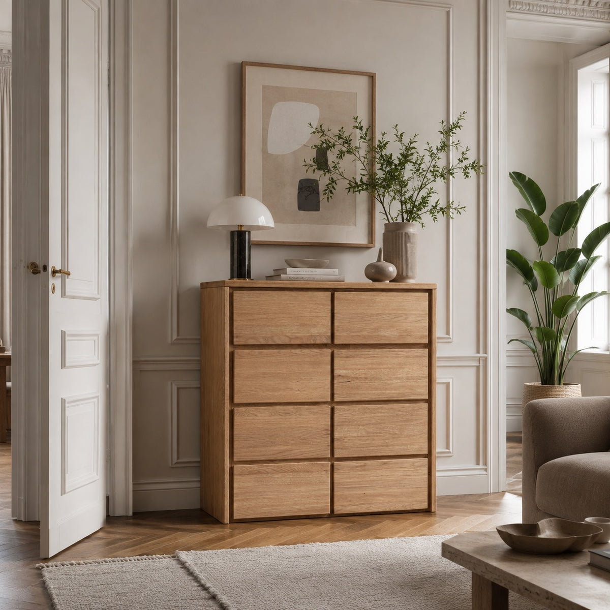 Heimdal Tischler-Kommode/Sideboard aus massivem FSC-Eichenholz mit 2 Türen und 2 Schubladen, mit Naturöl – H91 x B88 x T42 cm – wird fertig montiert geliefert