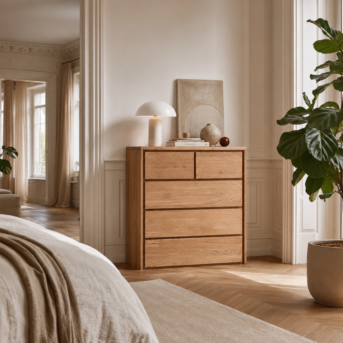 Heimdal Tischler-Kommode/Sideboard aus massivem FSC-Eichenholz mit 2 kleinen und 3 großen Schubladen, mit Naturöl, von Organic Sleep – B88 x H100 x T42 – wird fertig montiert geliefert