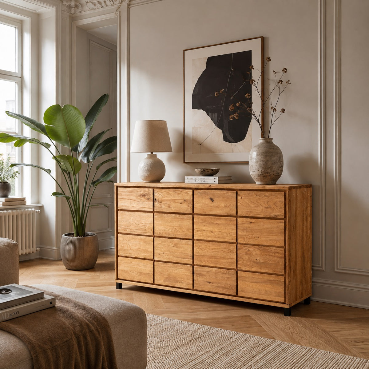 Heimdal Schreiner-Kommode/Sideboard aus massiver FSC-Eiche mit 4 Schubladen & 4 Türen, naturgeölt, auf Metallfüßen – B172 x H100 x T48 – Wird fertig montiert geliefert