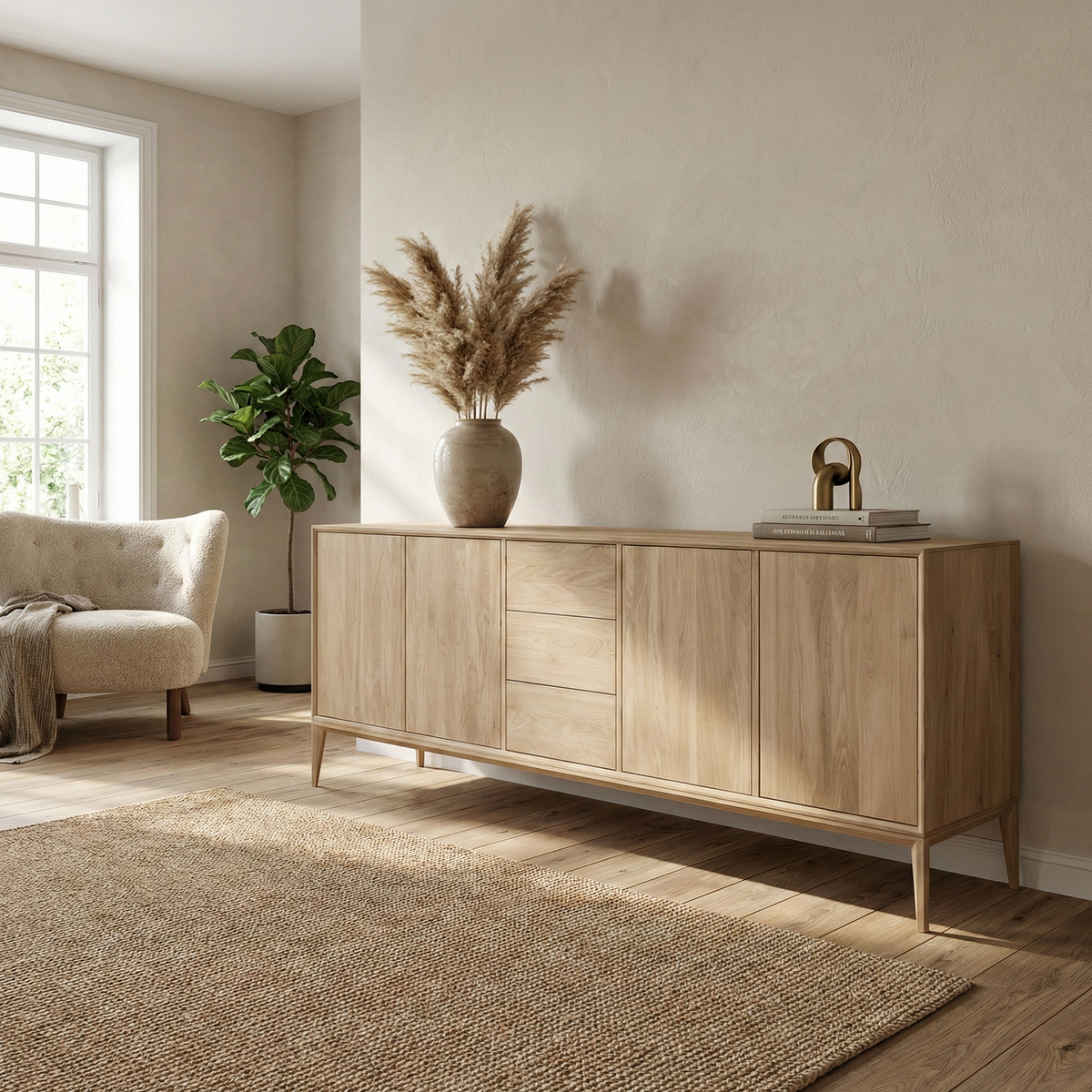 Njord Schreiner-Sideboard aus massiver Eiche mit 3 Schubladen und 4 Türen auf Beinen – Bianco helles Öl
