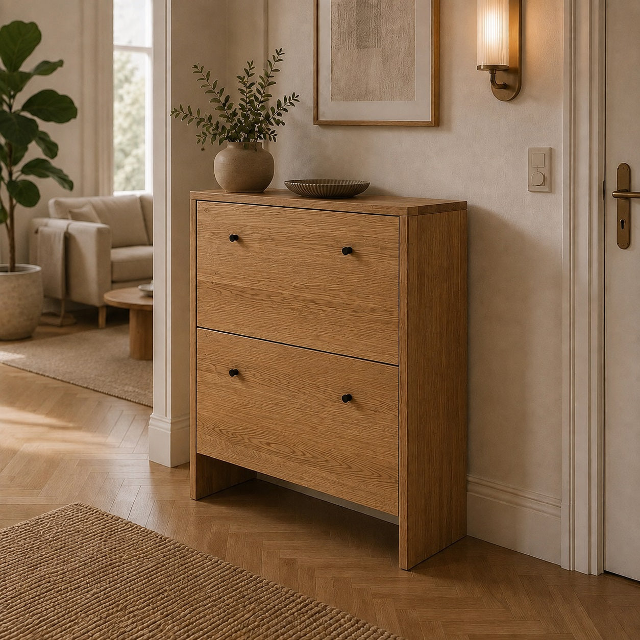 Sif Snedker Flurmöbel/Schuhschrank mit 2 Schubladen aus massivem FSC-Eichenholz mit Naturöl – B27 x H95 x L82